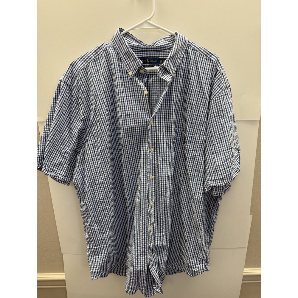 Ralph Lauren Mens Short Sleeve Seersucker Blue Plaid Button Down Shirt 2XB